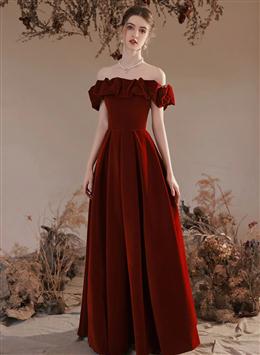 Picture of Wine Red Color Velvet Long Wedding Party Dress, A-line Off Shoulder Junior Formal Dresses